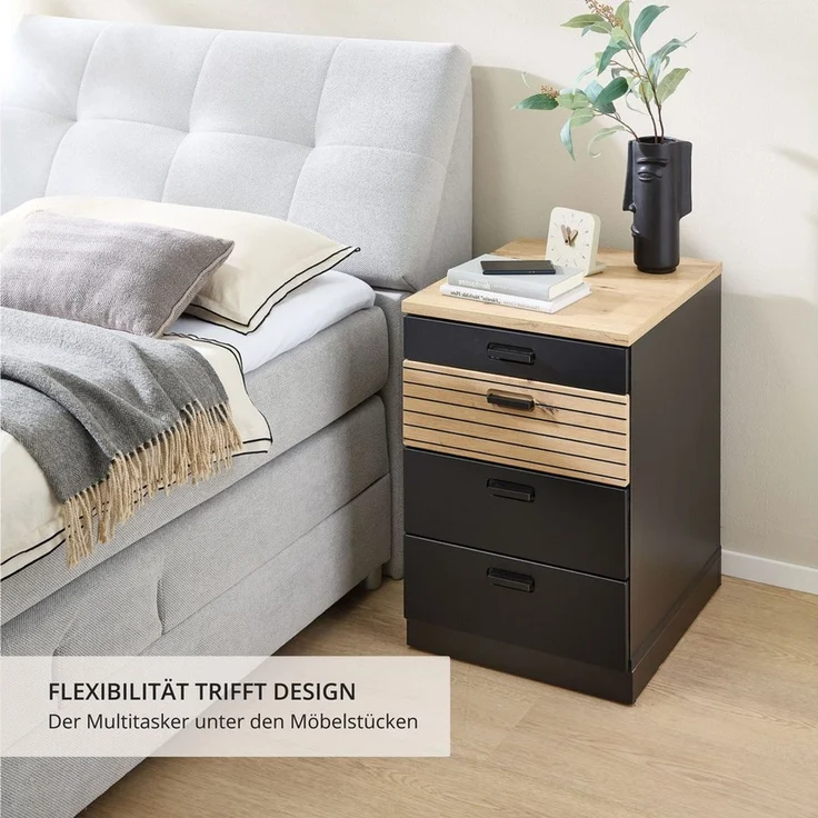 Stella Trading Glenn Rollcontainer Schreibtisch in Schwarz, Artisan Eiche Optik - Mobiler Büroschrank mit Schubladen - 45 x 66 x 55 cm (B/H/T) – Bild 1