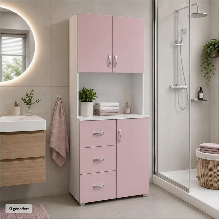 HTI-Living Hochschrank Badschrank Rosa Weiß (1 Stück, 1-St, 1 Schrank) Hochschrank 6 Regalfächer 3 Schubladen