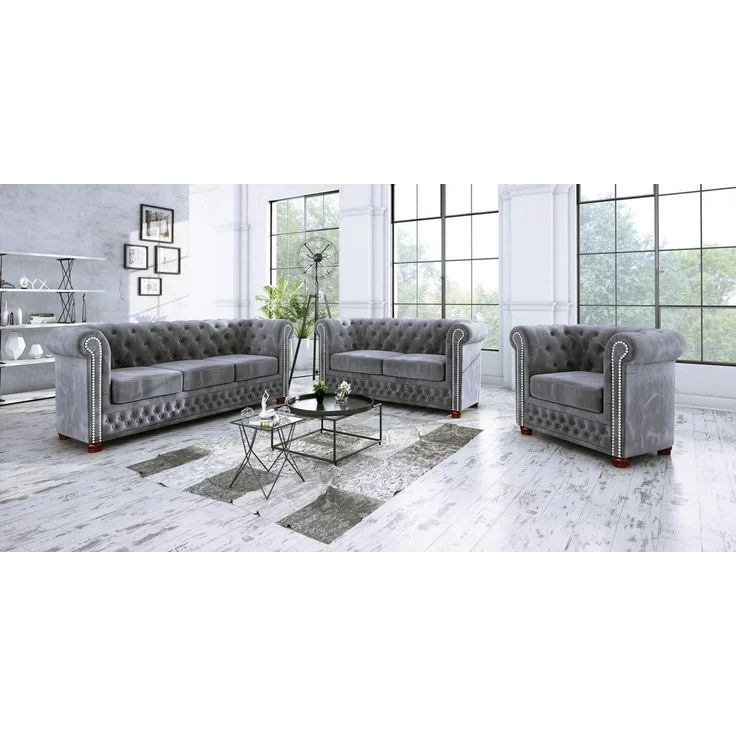 S-Style Möbel Chesterfield-Sofa Leeds 3-Sitzer aus Samt-Stoff mit Holzfüßen, mit Wellenfederung – Bild 2