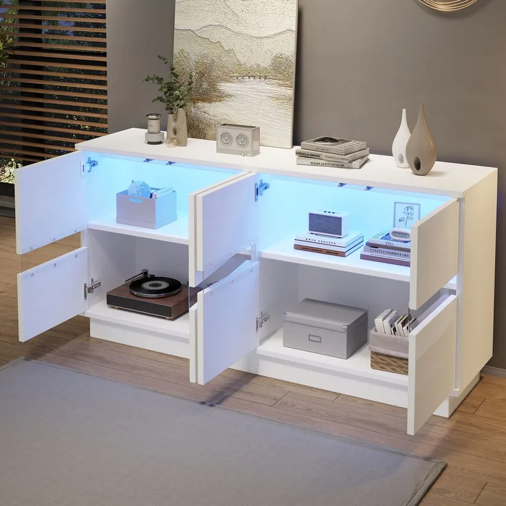 Sideboard 140 x 35 x 70 cm in Weiß mit 4 Türen, verstellbaren Einlegeböden und LED-Beleuchtung