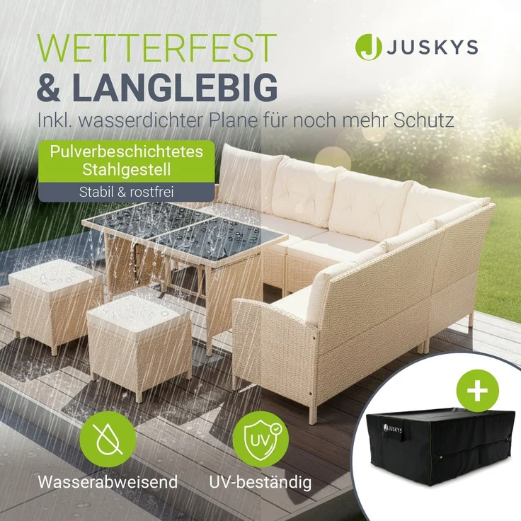 Juskys Polyrattan Lounge Manacor creme – Gartenlounge mit Sofa, Tisch, 2 Hocker & Kissen, inkl. Abdeckung – Gartenmöbel Set bis 8 Personen – Sitzbezüge in Sand – Bild 2