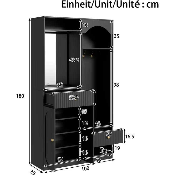 Faumrta Kompaktgarderobe mit Spiegel und Sitzbank,Flurgarderobe mit Schuhschrank und Haken, Kleiderhaken,Kompaktgarderobe,Flurmöbel Set,Flurgarderobe,LED-Streifen mit einstellbarer Farbe100CM*35CM*180CMSchwarzMDF (Medium-Density-Faserplatte) – Bild 4