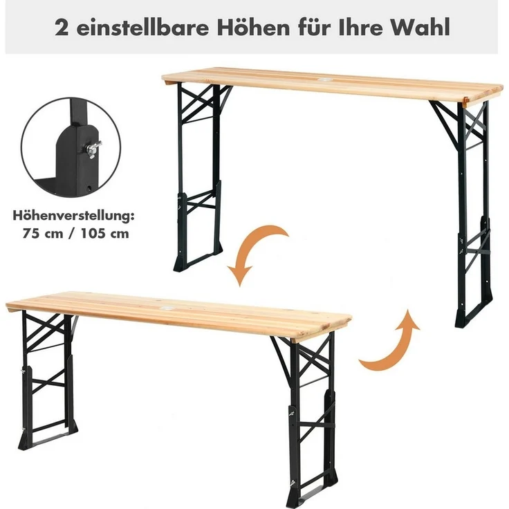 COSTWAY Gartentisch, Biertisch klappbar & höhenverstellbar, Holz & Metall – Bild 2