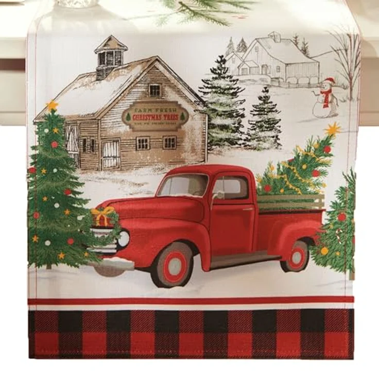 Elrene Home Fashions Vintage Christmas Tree Farm Tischläufer, Mehrfarbig, 13"x70" (Table Runner) – Bild 1