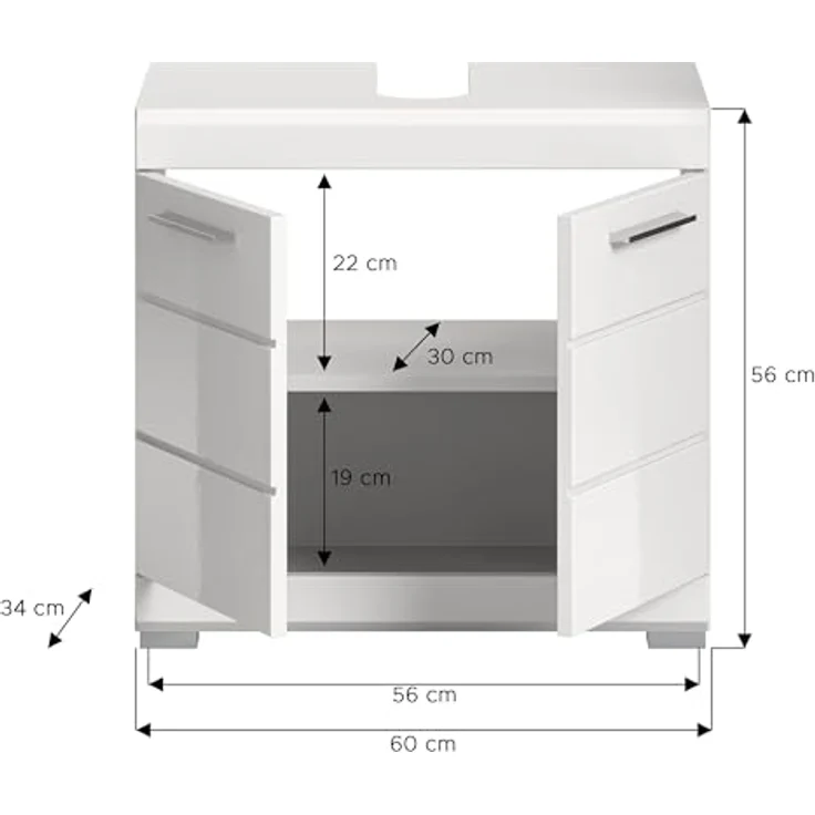 Xonox Scout Waschbeckenunterschrank (B/H/T: 60x56x34 cm) in weiß Nachbildung und weiß Hochglanz tiefzieh – Bild 3