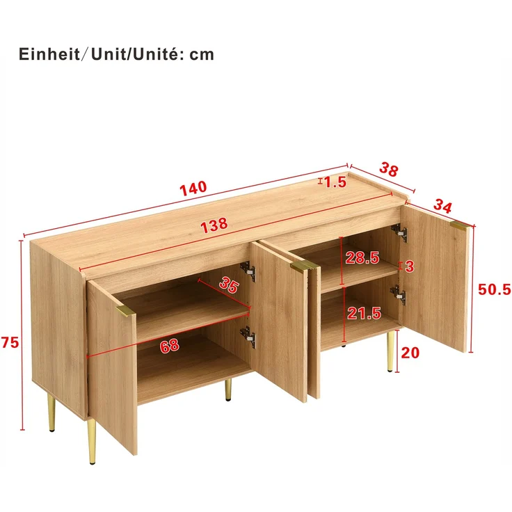 ZUBALIYA Sideboard 140x38x75 cm, aus MDF, Natur – Bild 4