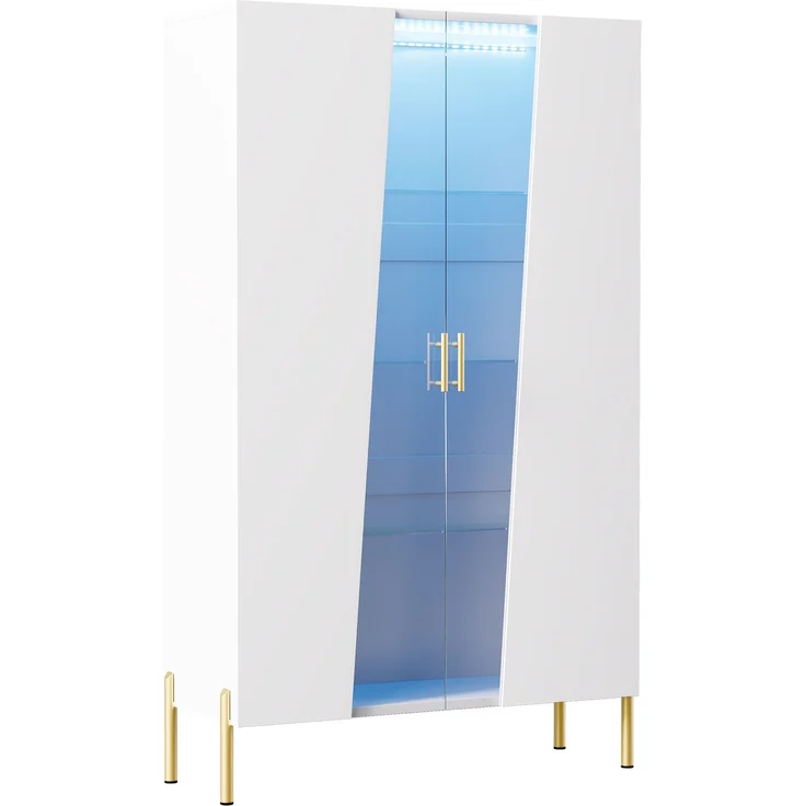 Flieks LED-Vitrine, mit asymmetrischer Glastür, 3 verstellbaren Glasböden und Metallfüßen, 72 x 40 x 145 cm, Weiß – Bild 7