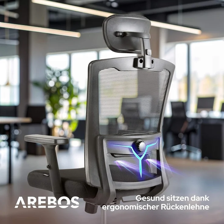 Arebos Bürostuhl Ergonomischer Schreibtischstuhl Wippmechanismus von 90° bis 125° (1D-verstellbare Armlehnen für mehr Komfort), Bis 136 kg belastbar: Stabil & alltagstauglich – Bild 5