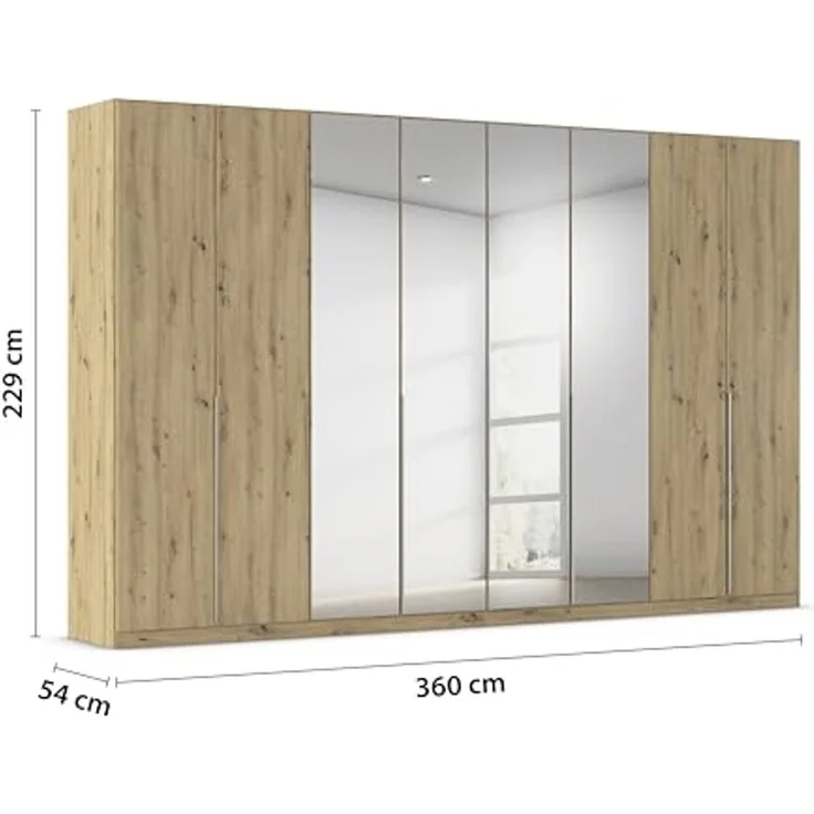 Rauch Möbel Alabama, Kleiderschrank für Schlafzimmer, Kinderzimmer, Wohnzimmer, Garderobe, Flur, 8-türig, Spiegel, mit Zubehör Basic, Farbe Eiche Artisan, Holz, Breite 360 cm – Bild 3