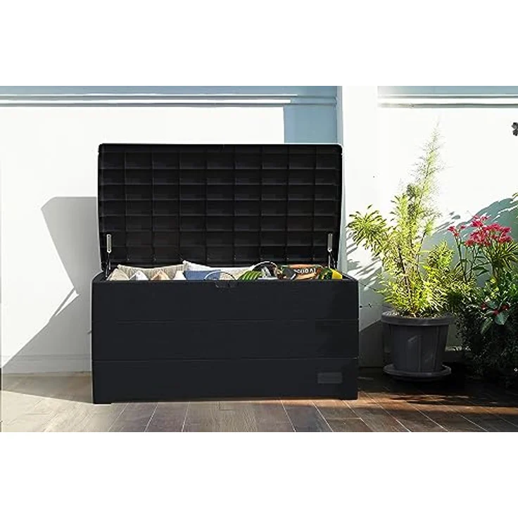 Duramax Cedargrain Durabox 416 Liter/ 110 Gallonen Kissenbox aus Kunststoff, Auflagenboxen für Terrasse und Gartenmöbel, abschließbare Kissenbox aus Kunststoff mit Gasflasche, Dunkelgrau – Bild 5