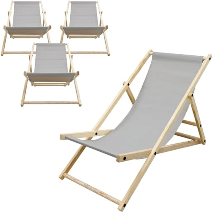 ECD Germany 4x Klappbarer Liegestuhl aus Holz, Hellgrau, bis 120kg, mit drei Liegehöhen und wetterfestem Oxford-Gewebe – Bild 1