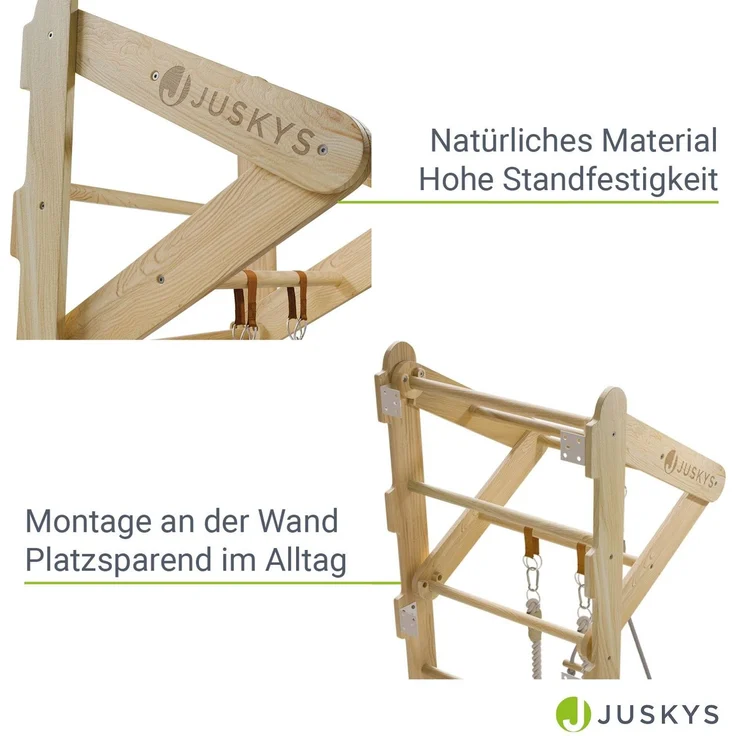 Juskys Sprossenwand für Kinder - mit Klimmzugstange, Indoor Klettergerüst mit Turnringen und Strickleiter, Kletterwand fürs Kinderzimmer, Turnstange – Bild 4
