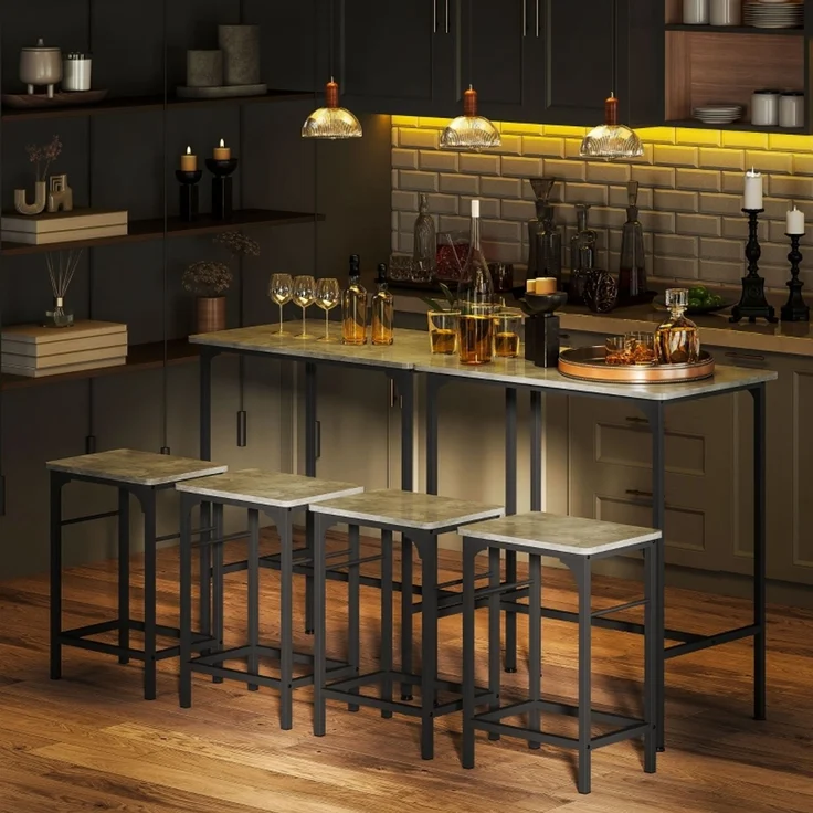Bartisch Set mit 2 Barhockern, Stehtisch im Industrie Stil, Frühstückstisch mit Metallrahmen für Küche & Hausbar,Grau – Bild 4
