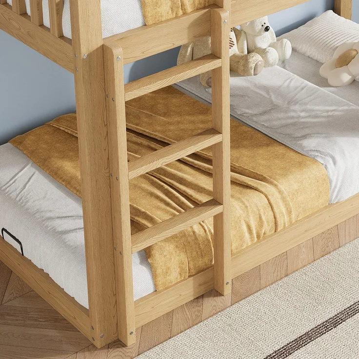 Etagenbett mit Rausfallschutz, Trittleiter und Lattenrost, 90x200 cm, Kinderbett, Kiefer – Bild 3