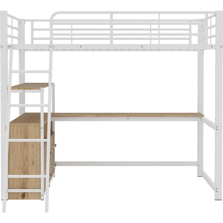 EINHOM Hochbett, 140 x 200 cm, Eisenrahmenbett, Praktische Schubladen, Stilvoller L-förmiger Schreibtisch, Laminatdesign, Weiß (Ohne Matratze) – Bild 6