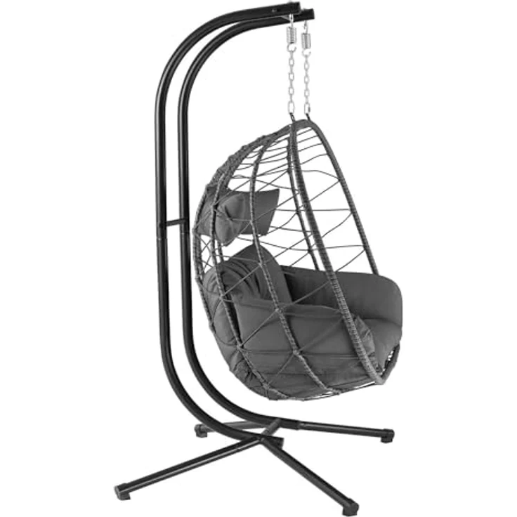 Juskys Doppelhängesessel Aria - Polyrattan Hängesessel mit Gestell & Kissen - Schaukel für zwei Personen - Outdoor Indoor Sessel - XXL Korb Grau – Bild 7