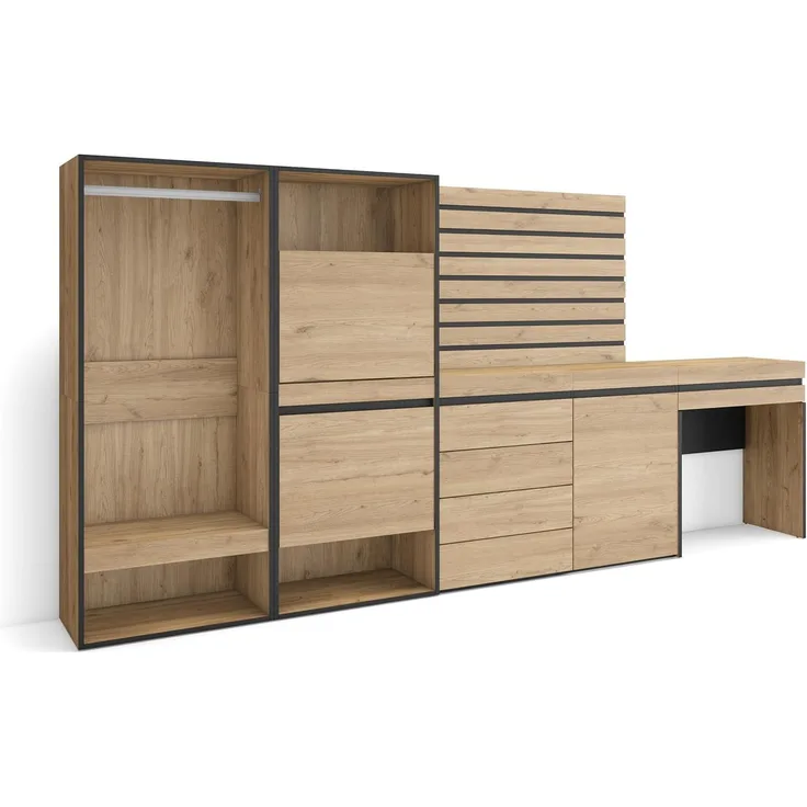 Skraut Home | Schuhregal, Schuhschrank | Schuhaufbewahrung | 297 x 145 x 35 | Für Schlafzimmer | Offener Kleiderschrank | Kommode mit Schubladen | Lamellenwand Holz | Schminktisch | Moderner Stil | Eiche