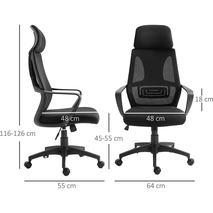MELAYR, Bürostuhl, Schreibtischstuhl mit Wippfunktion Höhenverstellbarer mit Kopfstütze, 64 x 55 x 126 cm, Schwarz – Bild 5