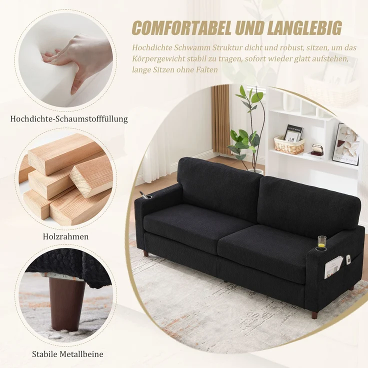 LVHOM 2-Sitzer Sofa mit USB&LED, Zweier Polstersofa Chenille Bezug, Loveseat mit Getränkehaltern, Doppelsofa Stoffsofa Loungesofa, Schwarz – Bild 7