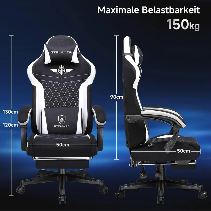 GTPLAYER Gaming-Stuhl Stoff Gaming Chair Ergonomisch Bürostuh PC Stuhl, 150kg Belastbarkeit, Schreibtischstuh mit Federsitzkissen und Fußstütze – Bild 8