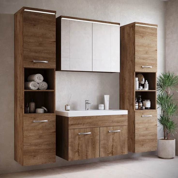 Badplaats Badezimmerschrank Paso 35 x 35 x 160 cm Braun Eiche - Hoch Badschrank Mit 2 Türen – Bild 3
