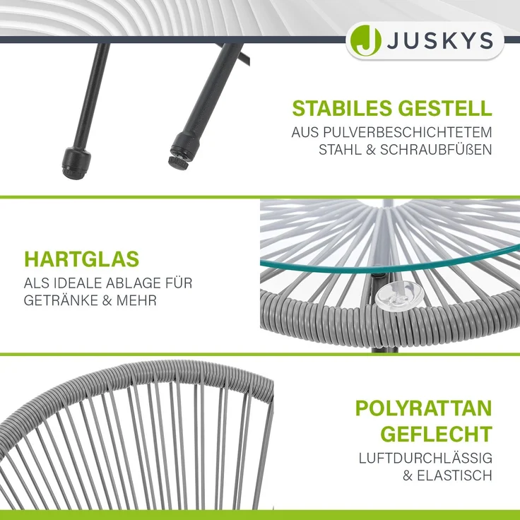 Juskys 'Ostana' Balkonmöbel Set, 3-teilig, Tisch + 2x Sessel, Polyrattan, Hellgrau – Bild 6