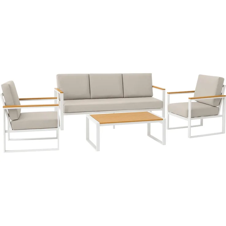 Outdoor Sitzgruppe ROROS - Stoff Weiß 323x144x75 cm | Gartenloungeset Gartenessgruppe Gartenmöbelset Stühle Bank Tisch Garten Sitzgruppe