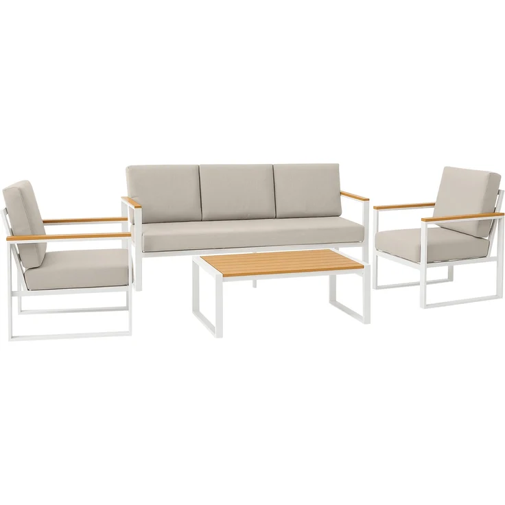 Outdoor Sitzgruppe ROROS - Stoff Weiß 323x144x75 cm | Gartenloungeset Gartenessgruppe Gartenmöbelset Stühle Bank Tisch Garten Sitzgruppe – Bild 1