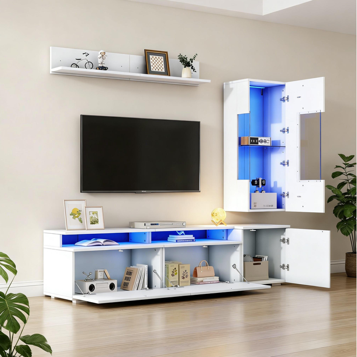 TV-Möbelset mit LED-Beleuchtung, Hochglanzfronten, für TV bis ca. 80 Zoll, 180x40x45 cm, Weiß – Bild 2