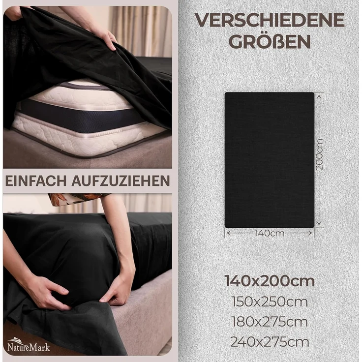 NatureMark Bettlaken klassisches Betttuch Haustuch, 100% Baumwolle, Gummizug: ohne, (1 Stück), Laken Haustuch, viele Größen und Farben, 140x200 cm, Schwarz – Bild 5