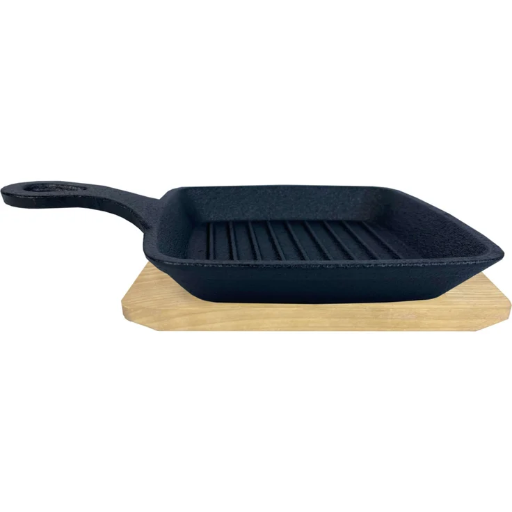 Gusseisenkuss® Pfanne mit Holzuntersetzer, Gusseisen schwarz, 14x14 cm, Rechteckig mit Stiel – Bild 2