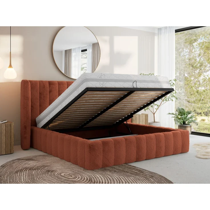 Polsterbett GOLETTA CLASSIC 180 x 200 cm mit gepolstertem Kopfteil, stabilem Bettrahmen, Lattenrost und Bettkasten mit Gasdruckfedern, Doppelbett, zeitloses Design - Orange Plüsch – Bild 3