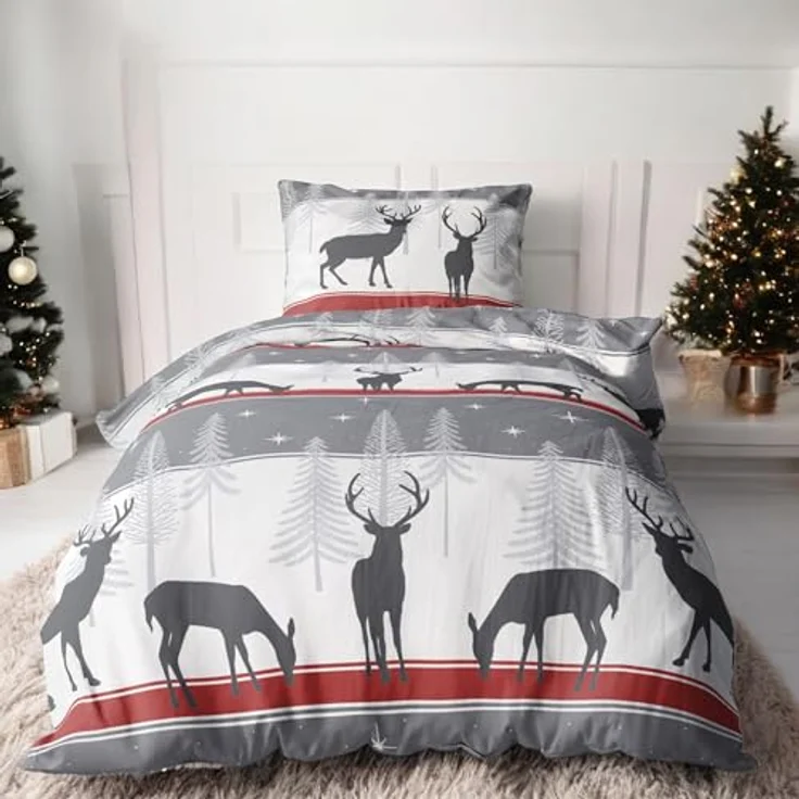 LINKHOFF Bettwäsche Winter Weihnachtsbettwäsche Cosy Christmas 135x200cm / 155x220 - 2tl, Biber Bettwäsche in Rot Grau 100% Baumwolle Weihnachts Hirsch – Bild 2