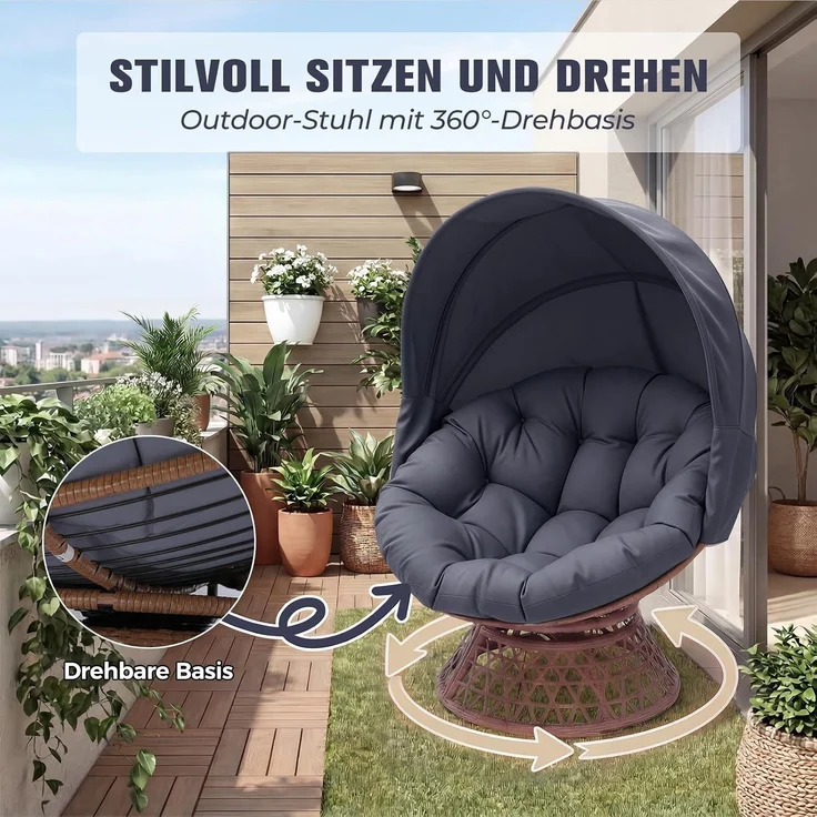 COMHOMA Papasansessel, gemütlicher Drehsessel mit Kissen rund, bequemer Rattansessel, Loungesessel drehbar, runder Relax Korbsessel Rattan für Wohnzimmer, Leseecke, Lounge - grau – Bild 5