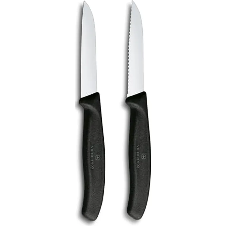 Victorinox Swiss Classic Gemüse- und Schälmesser Set, 2-teilig, Gerade und Wellenschliff, Extra Scharf, 8 cm, Schwarz