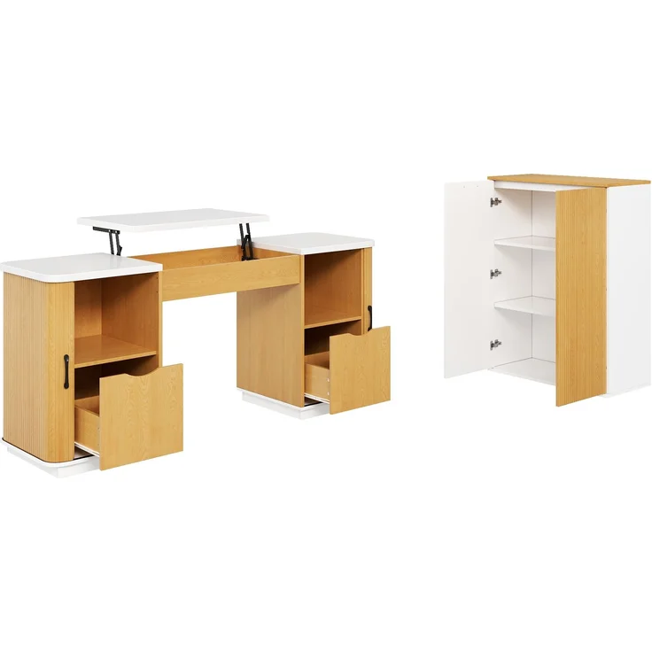 Schreibtisch-Set 140x50x78/92 cm mit Aktenschrank 80x40x110 cm, MDF in Weiß/Eiche – Bild 7