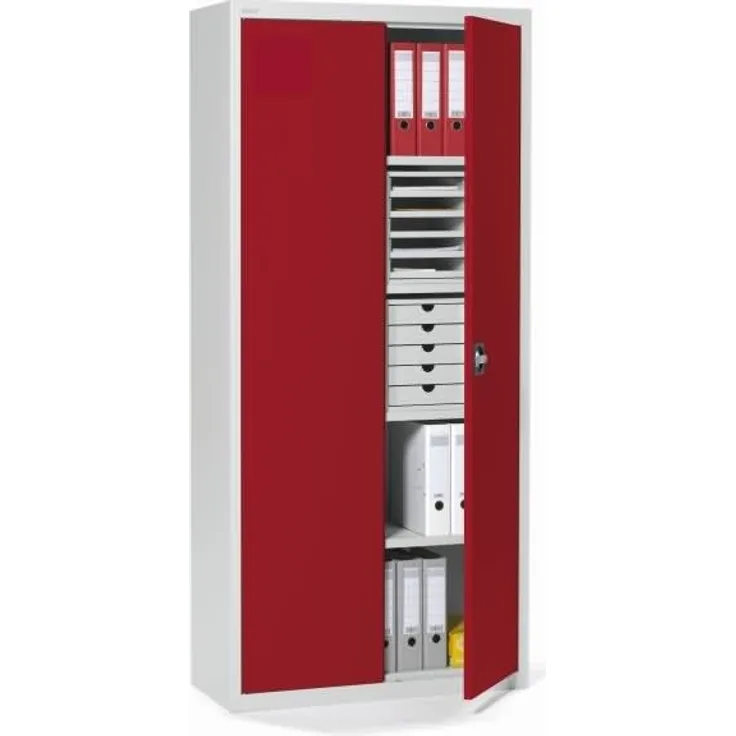 Soennecken Flügeltürenschrank 195x92x42cm lichtgrau Türen rot