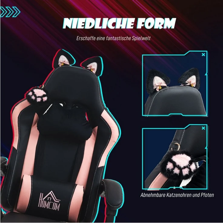 HOMCOM Gaming-Stuhl mit Armlehnen (Bürostuhl, 1 St), Mit Katzenohren und Fußstütze – Bild 3