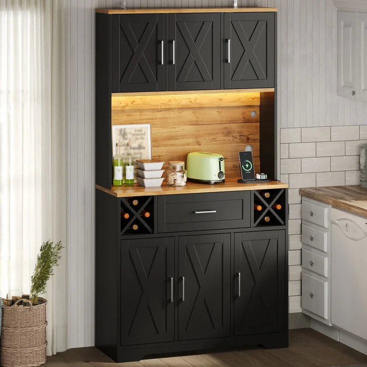 Küchenschrank, hoher Stauraumschrank mit LED-Beleuchtung, Vorratsschrank mit Weinregalen, Weinschrank & Vitrinenschrank für Wohnzimmer und Esszimmer, 180 × 105 × 40 cm--Natur1 + Schwarz--105x40x180cm--YOUDENOVA – Bild 2