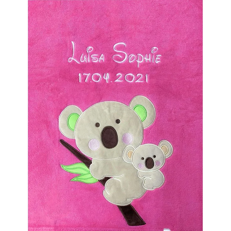 KIDDI-MEDIA Babydecke mit Name und Geburtsdatum Bestickt/kuschelig weich / 1A Qualität (Pink - Koala)