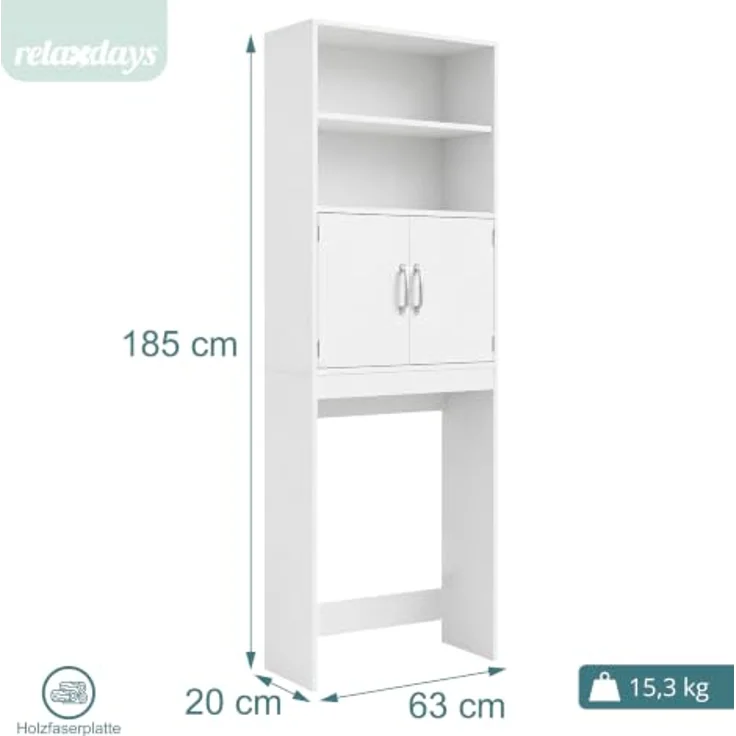 relaxdays Waschmaschinenumbauschrank, Waschmaschinenschrank mit 2 Türen, weiß, großzügiger Stauraum und verstellbare Einlegeböden – Bild 3