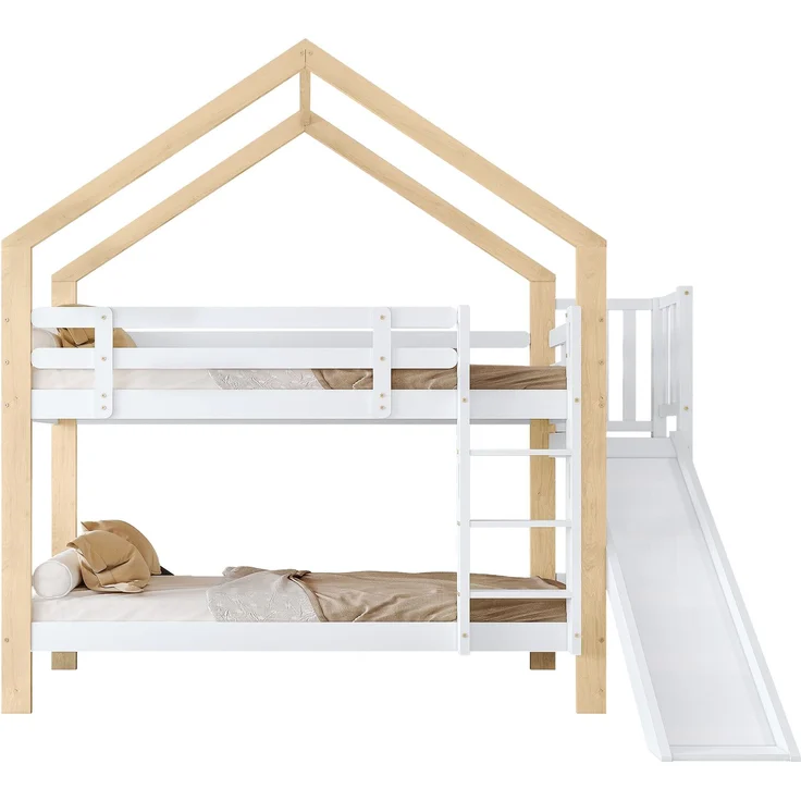 Haus-Etagenbett Kinder 90x200 Rutsche Leiter Kiefer Holz Spielbett,Weiß & Natur – Bild 10