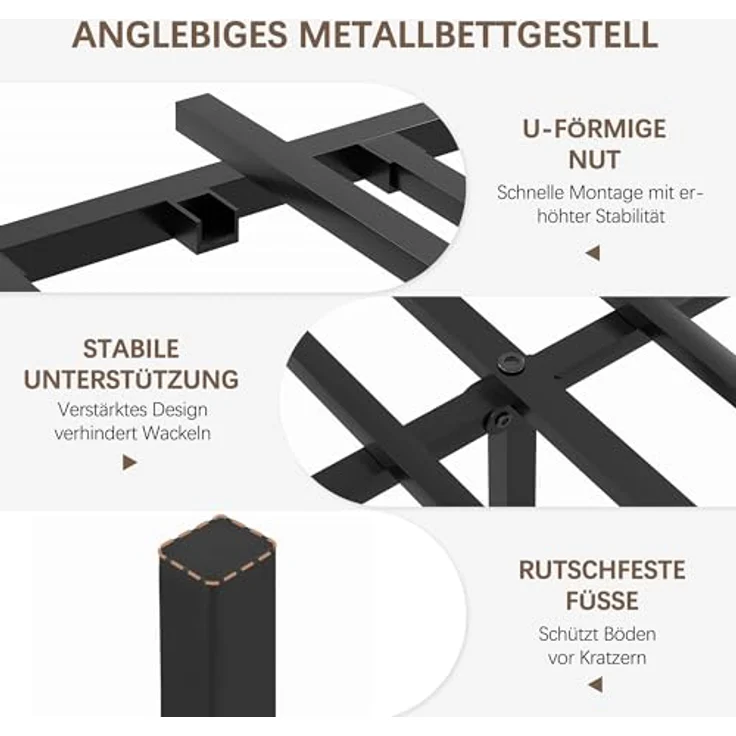 VECELO Bettgestell 140x200 cm, Metall-Holz Doppelbett mit Lattenrost, geräuschlos und stabil, mit Stauraum, einfache Montage für Schlafzimmer und Gästezimmer, Braun – Bild 6