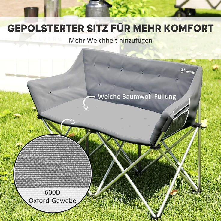 Outsunny Campingstuhl mit Armlehnen, Seitentasche (2 Sitzer Faltstuhl, 1 St), bis 240kg belastbar, für Garten Camping Strand – Bild 5