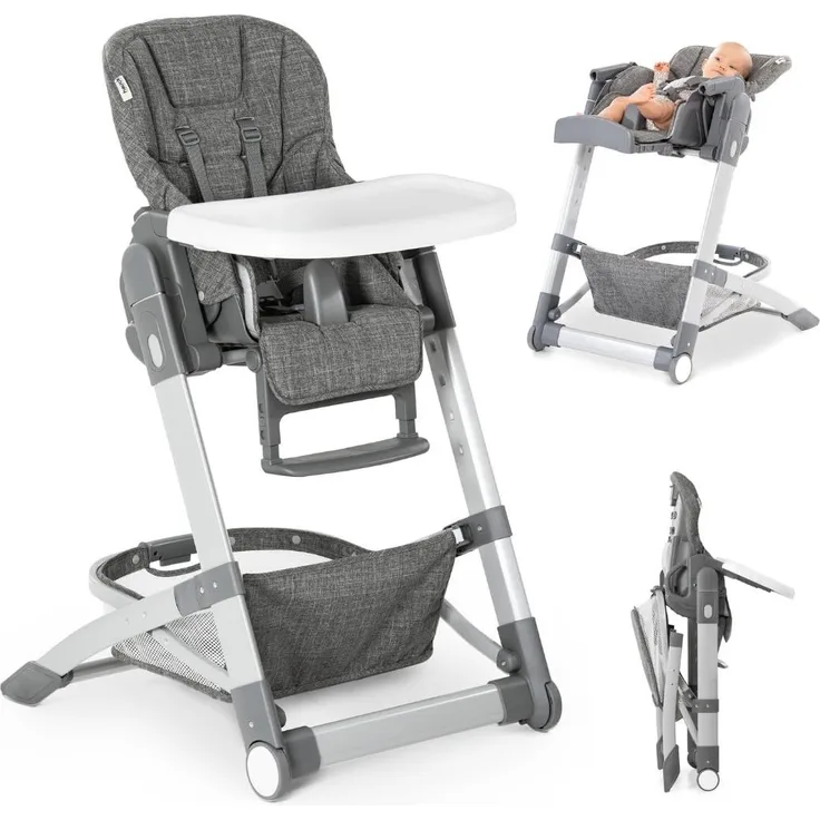 Hauck Baby Hochstuhl Grow Up mit Liegefunktion ab Geburt - Babystuhl mit Tisch, Rollen, klappbar, mitwachsend und höhenverstellbar - Grau Melange