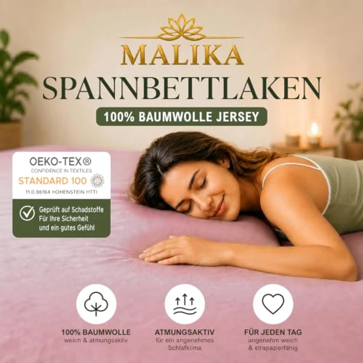 MALIKA® Spannbettlaken 180x200cm - 200x200cm, Baumwolle Jersey, Matratzenhöhe bis 28cm, Oeko-Tex zertifiziert, form- und farbbeständig – Bild 2
