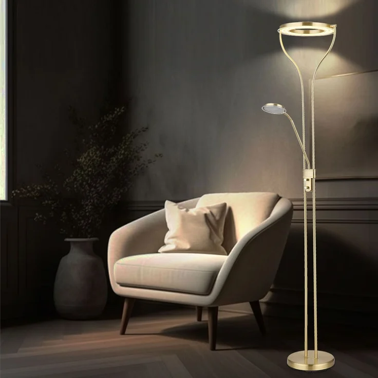 LED Deckenfluter, Messing, Dimmer, Lesespot, H 194 cm – Bild 3