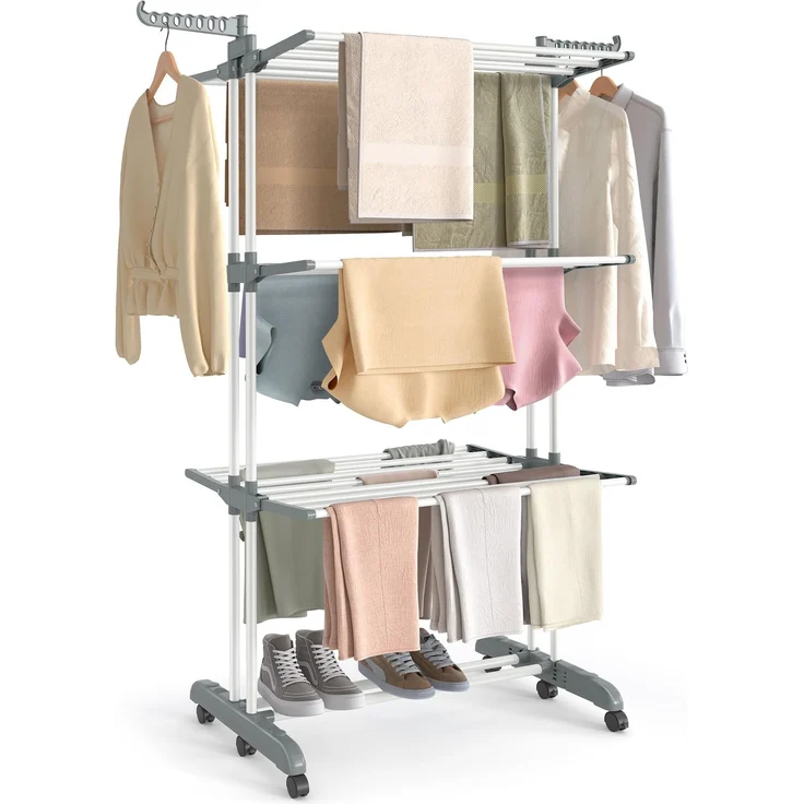 SONGMICS Wäscheständer, Standtrockner 4 Ebenen, Flügelwäscheständer, klappbare Flügel, mit Rollen, 63,5 x 125,5 x 173 cm, groß, einfacher Aufbau, wolkenweiß-Taubengrau LLR703WZ02