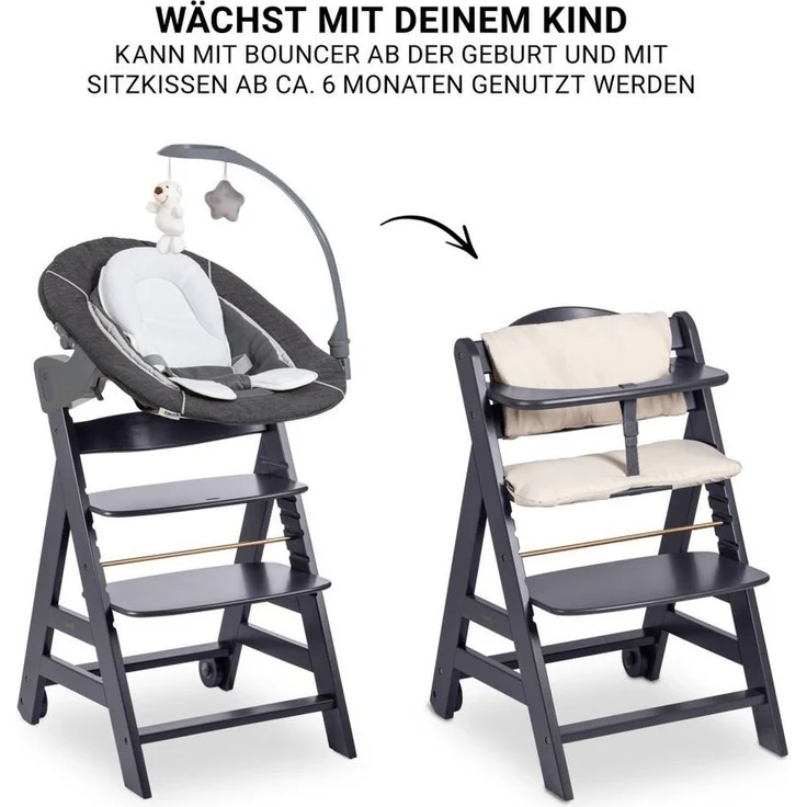 Hauck Hochstuhl Beta Plus Dark Grey - Newborn Set Deluxe, Holz Babystuhl ab Geburt, Aufsatz für Neugeborene, Sitzkissen, Tisch – Bild 3