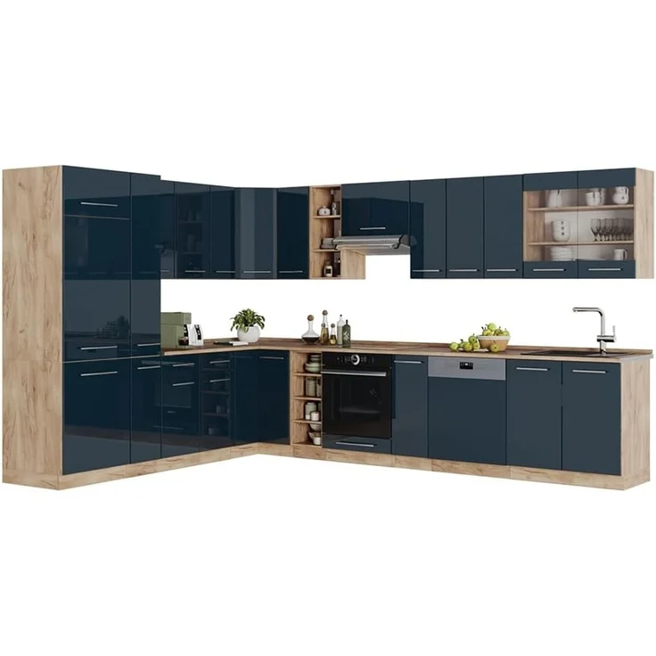 Eckküche Fame-Line Dunkelblau Hochglanz/Goldkraft Eiche 347 x 257 cm ohne Arbeitsplatte Vicco – Bild 7